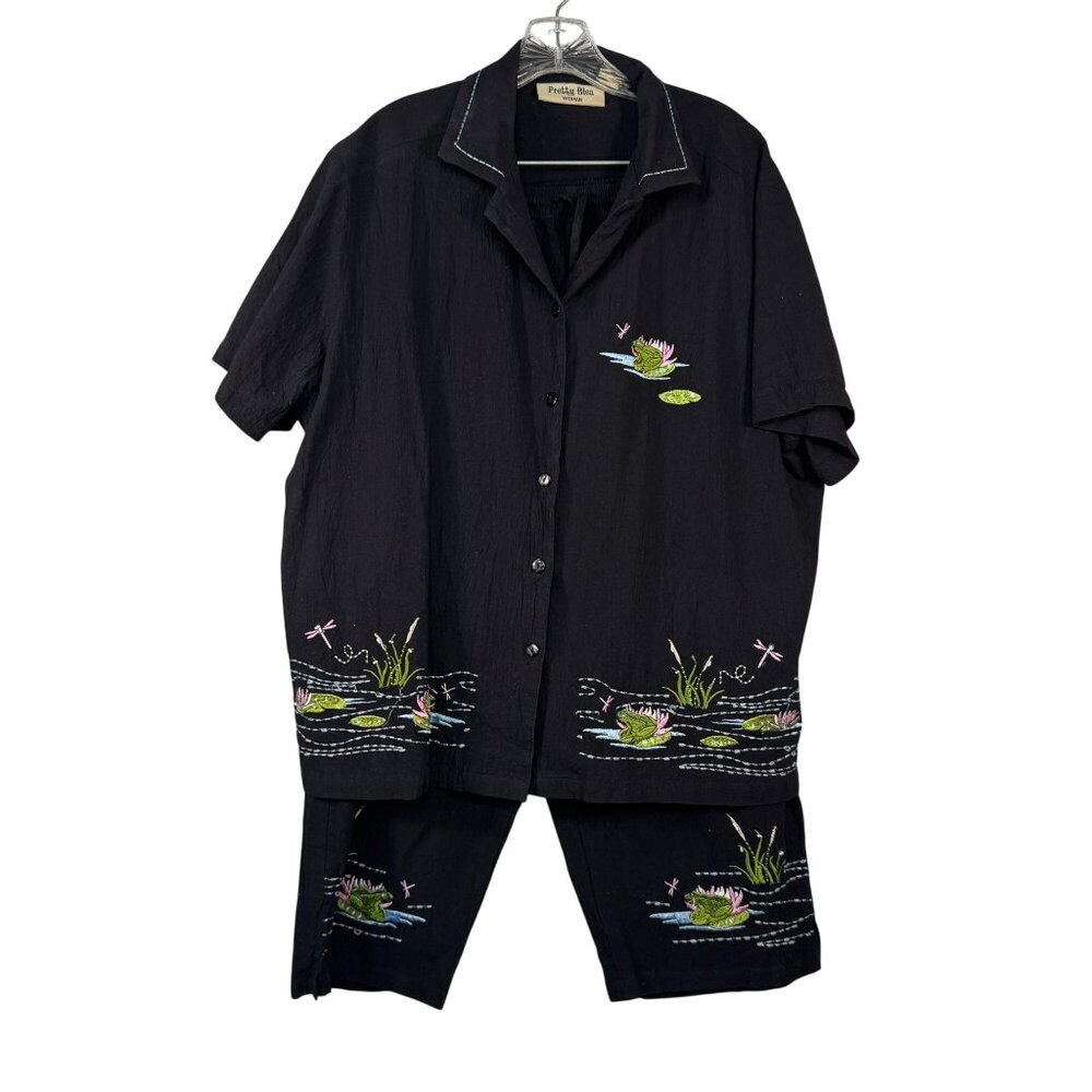 Pretty Bleu Womens Size 2X Black Embroidered Frog  Two Piece Set